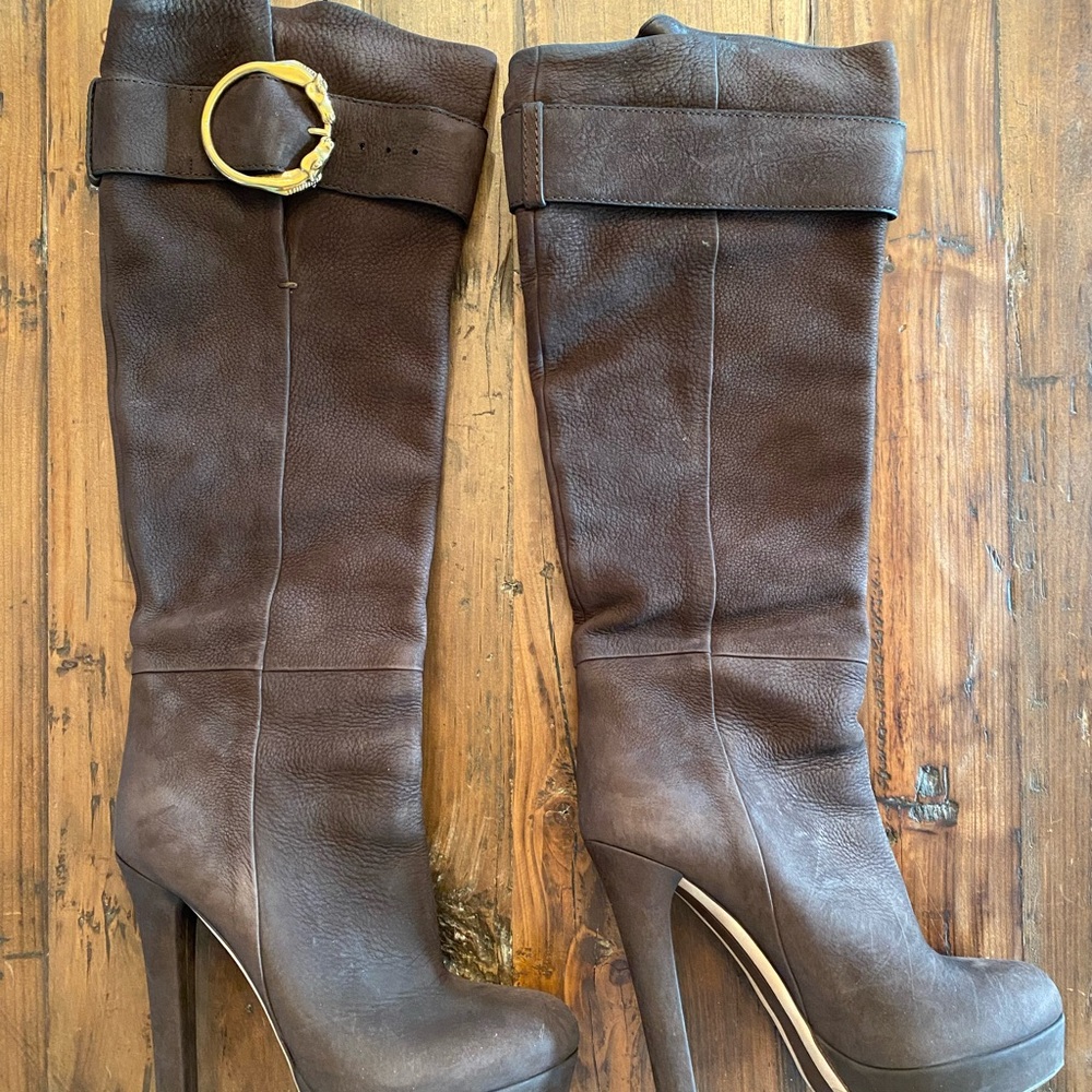 Women's Brown Leather Knee-High Platform Gucci Boots